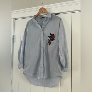 Classic Striped Button-Up Shirt with Rose Embroidery